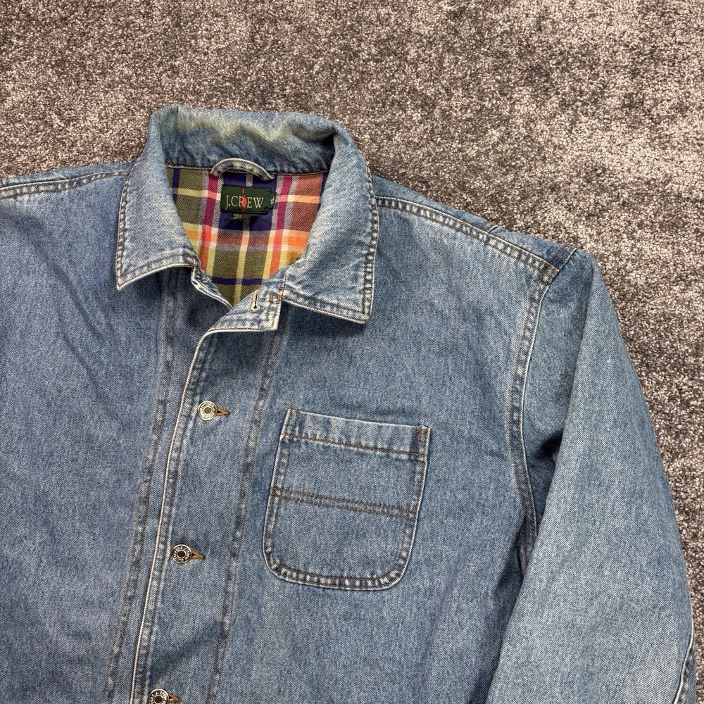 Vintage 90s J. Crew Chore Coat Jacket Mens XL Blue Denim Flannel Lined Oarsman - Picture 2 of 12